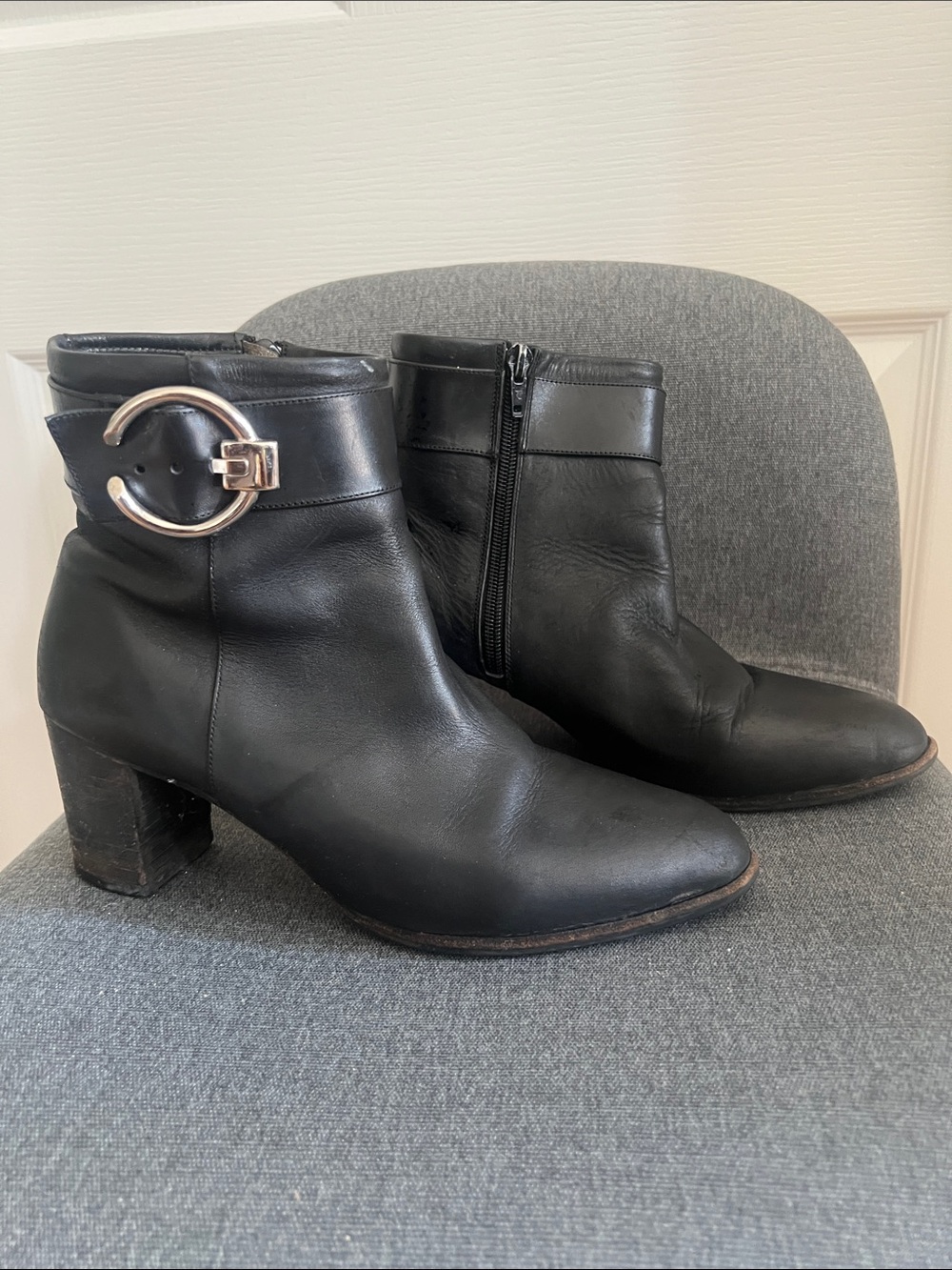 Poppy Barley Black Leather Ankle Booties with Silver Ring Buckle